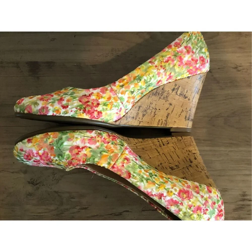 Aerosoles Plum Tree floral cork wedges Pump Sz 7.5 Cottagecore boho garden weddi